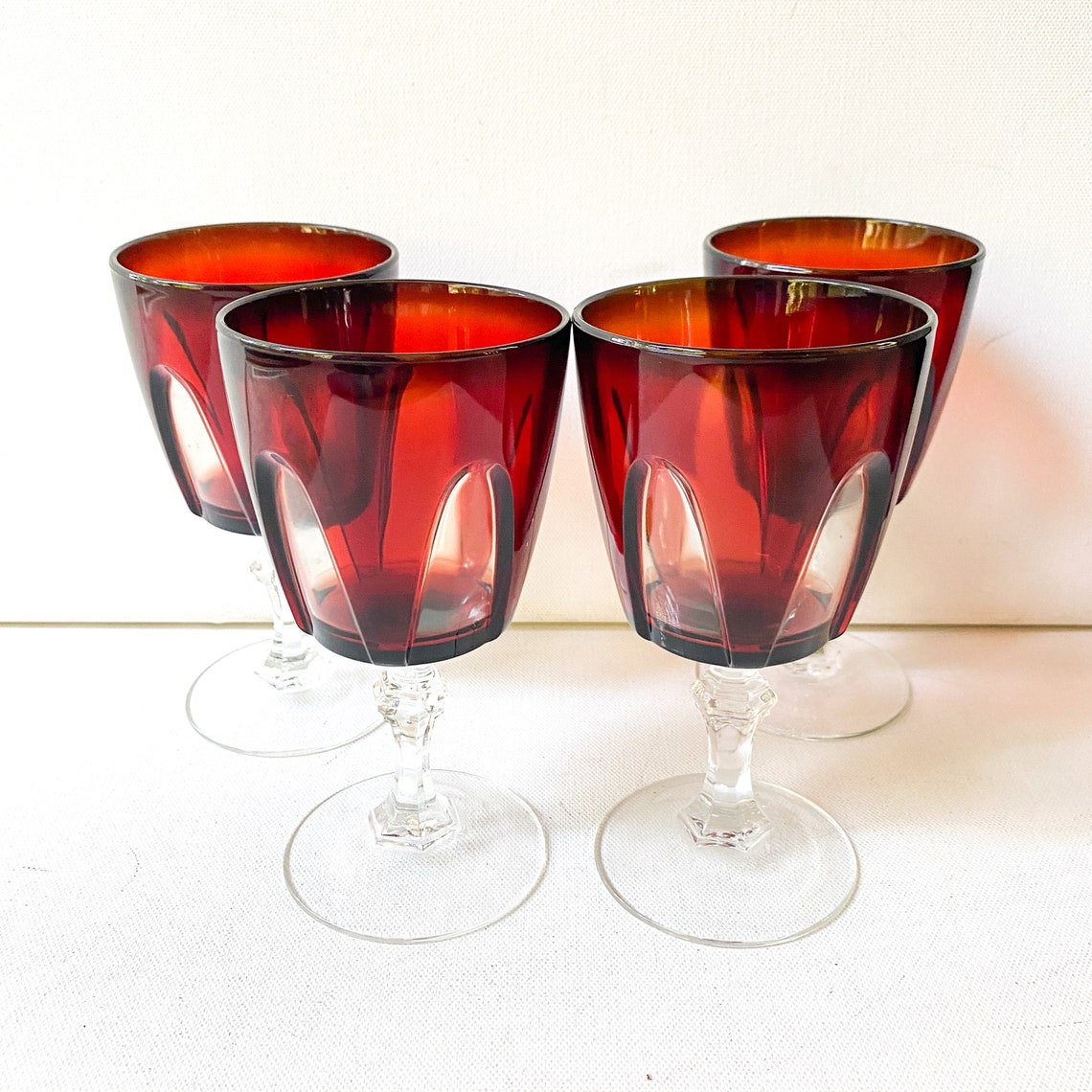 Special Order Red Stemmed Wine Glasses Luminarc Cristal D' Arques Durand  Set of 7 Red Stemware Arcoroc France Retro 80's 