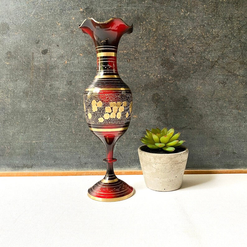 Vintage Brass With Black Etched Vase 8” - Southern Collective