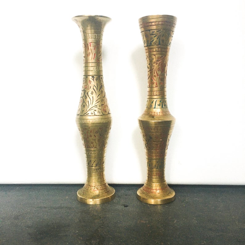 Accents  Brass Etched Vases Set Of 2 Vintage 12 High Vintage