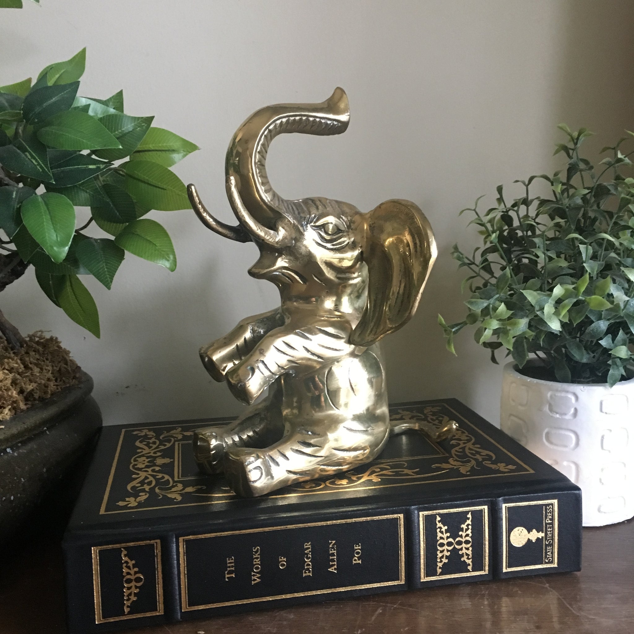 Vintage Brass Sitting Elephant Statue with trunk up ...