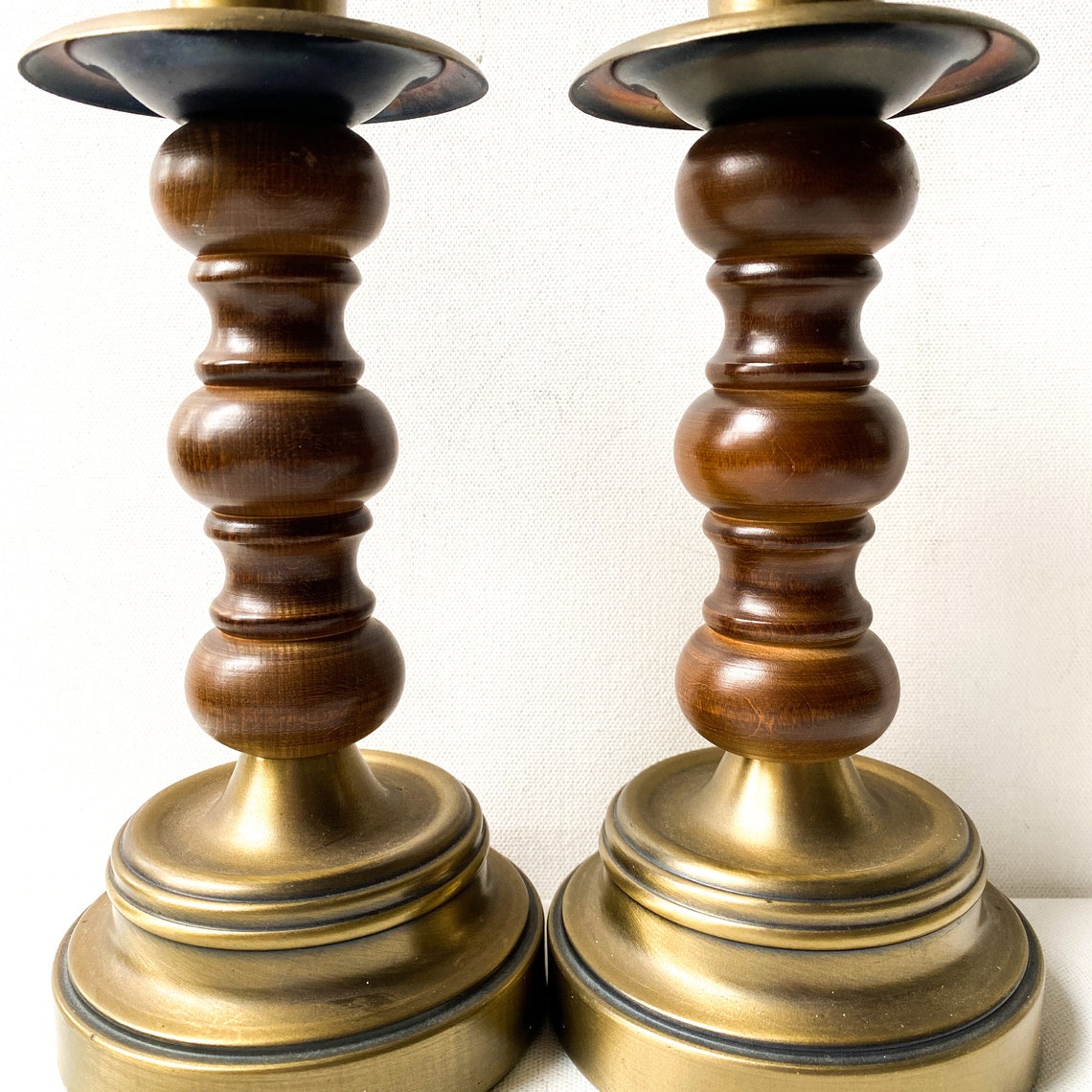Antique Wooden Brass Candle Holder, Vintage Wooden Brass